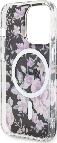 Mbështjellës Guess GUHMP14LHCFWSK për iPhone 14 Pro 6.1", Flower MagSafe, zi