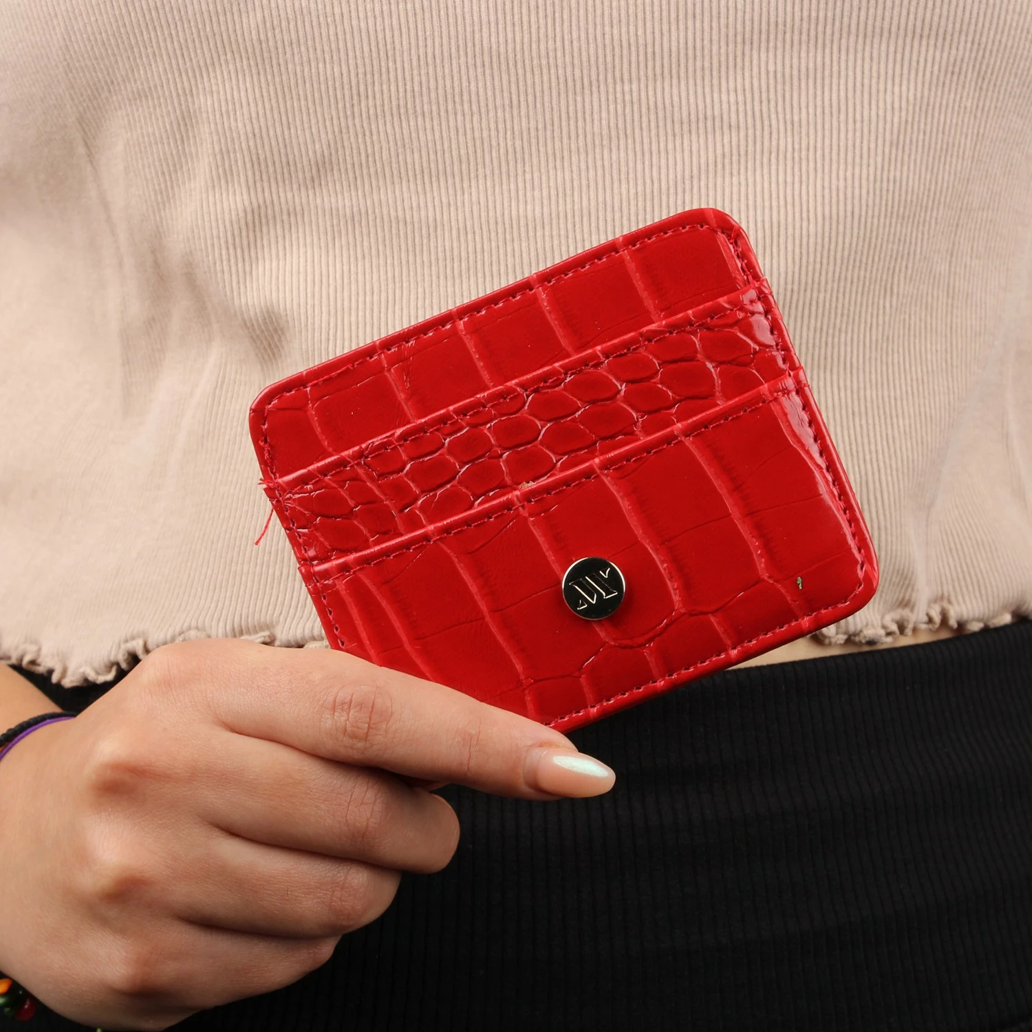 Portofol prej lëkure, mbajtës kartelash, i kuq, Zoozie Bags, 2514