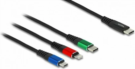 Kabllo karikimi DeLOCK 3-në-1 USB-C në Lightning/Micro-USB/USB-C, 30 cm, e zezë