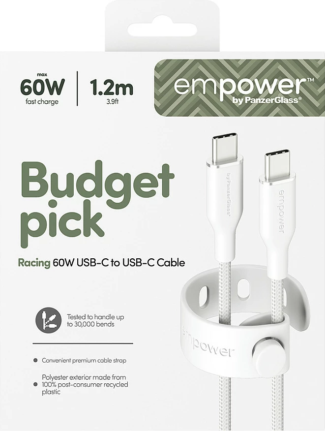 Kabllo USB-C në USB-C PanzerGlass empower Racing, 60W, USB 2.0, 1.2m, e bardhë
