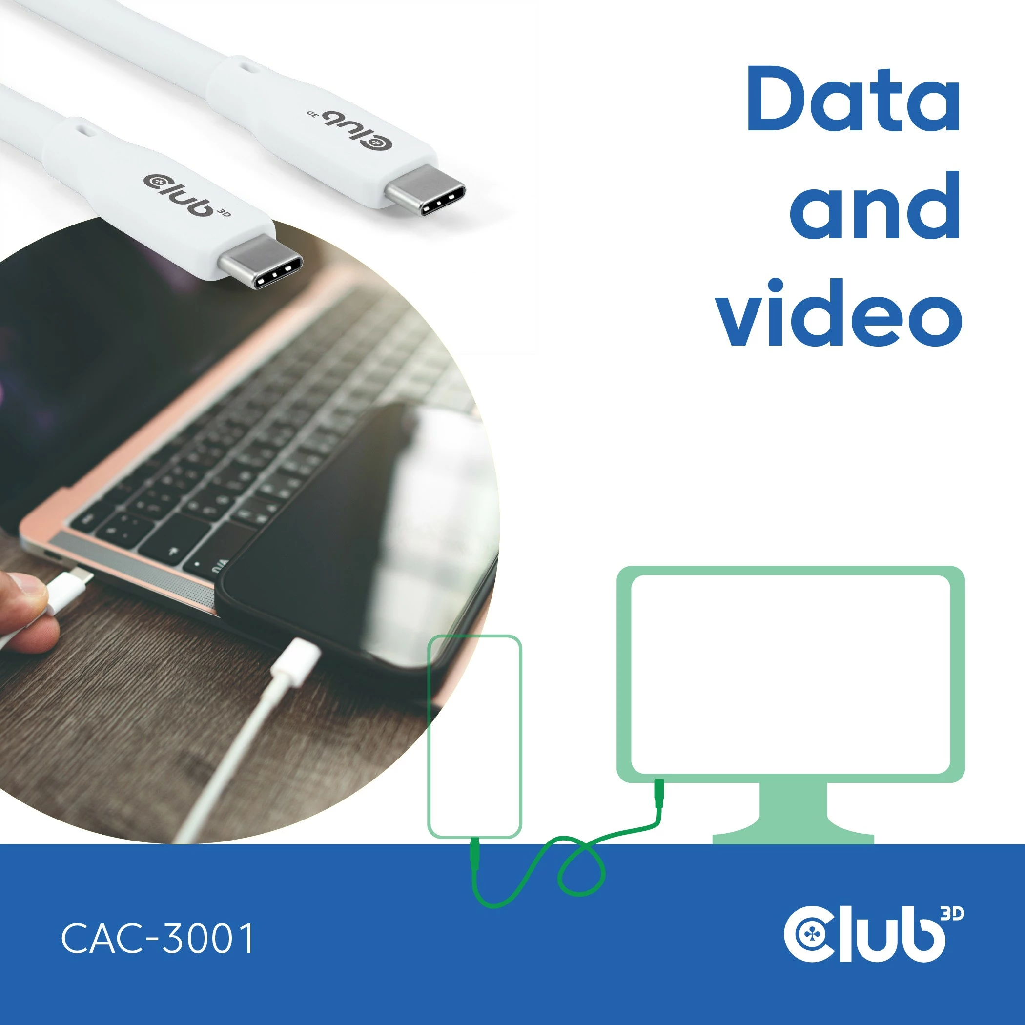 Kabllo USB-C Club3D CAC-3001, 2m, 240W, 20Gbps, e bardhë