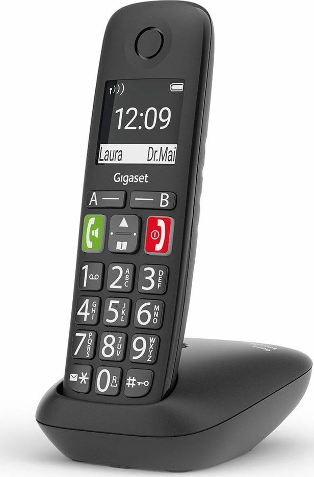 Telefon fiks pa kabllo Gigaset E290 me sekretar automatik, libër telefoni 150 kontakte, ekran i ndriçuar, i zi, set me 1 dëgjues dhe bazë