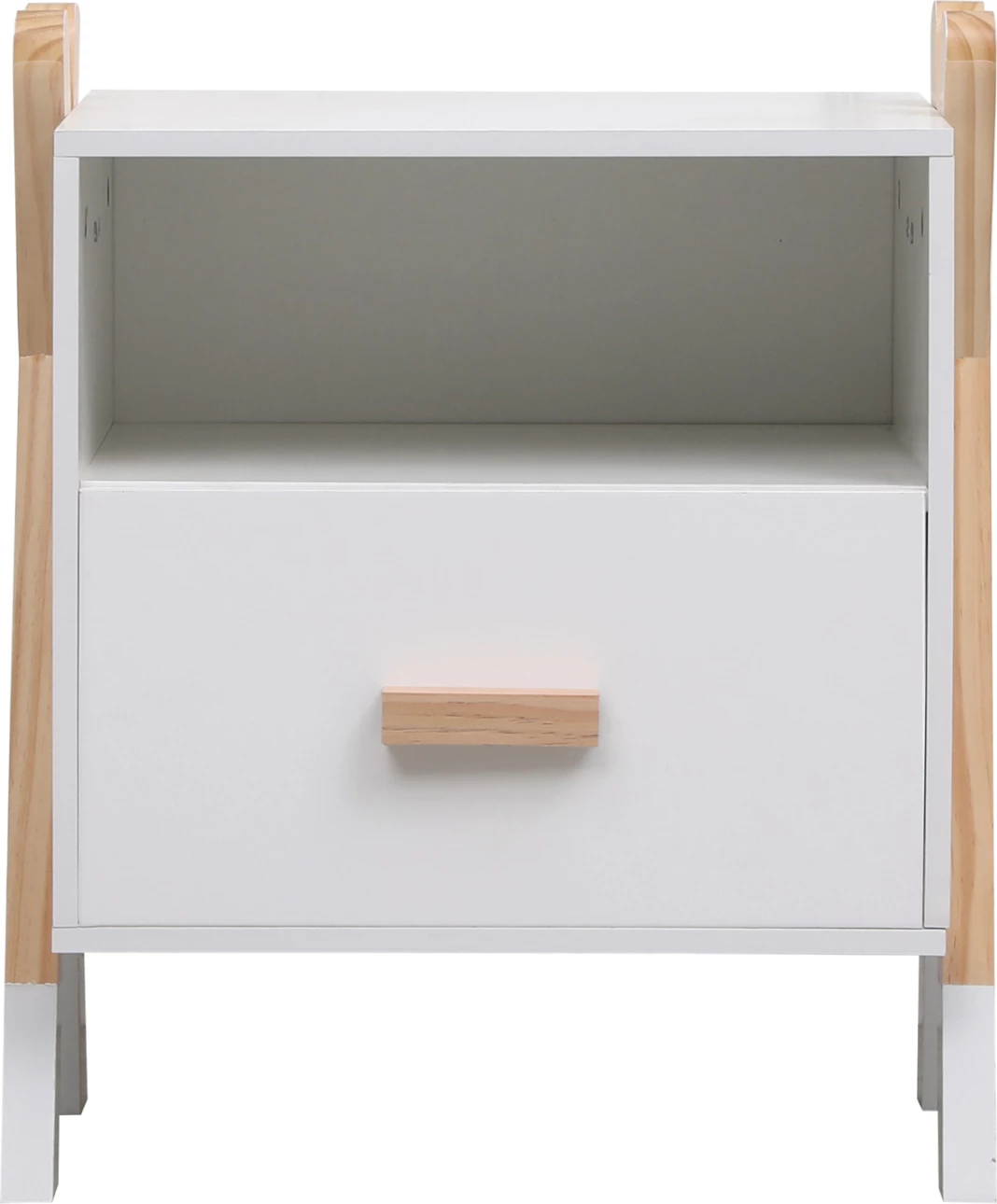 Komodinë natës PASCHAL, melaminë e bardhë, dru pishe natyrale, 46x30x55cm