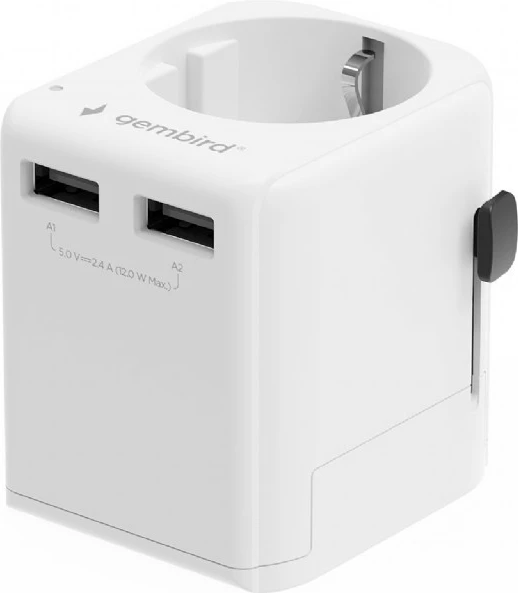 Adapter universal udhëtimi EU, Gembird, TPA-EU2A12-01-W, 12 W, 2x USB-A, soket Schuko, me priza US/UK/AU/CN, i bardhë
