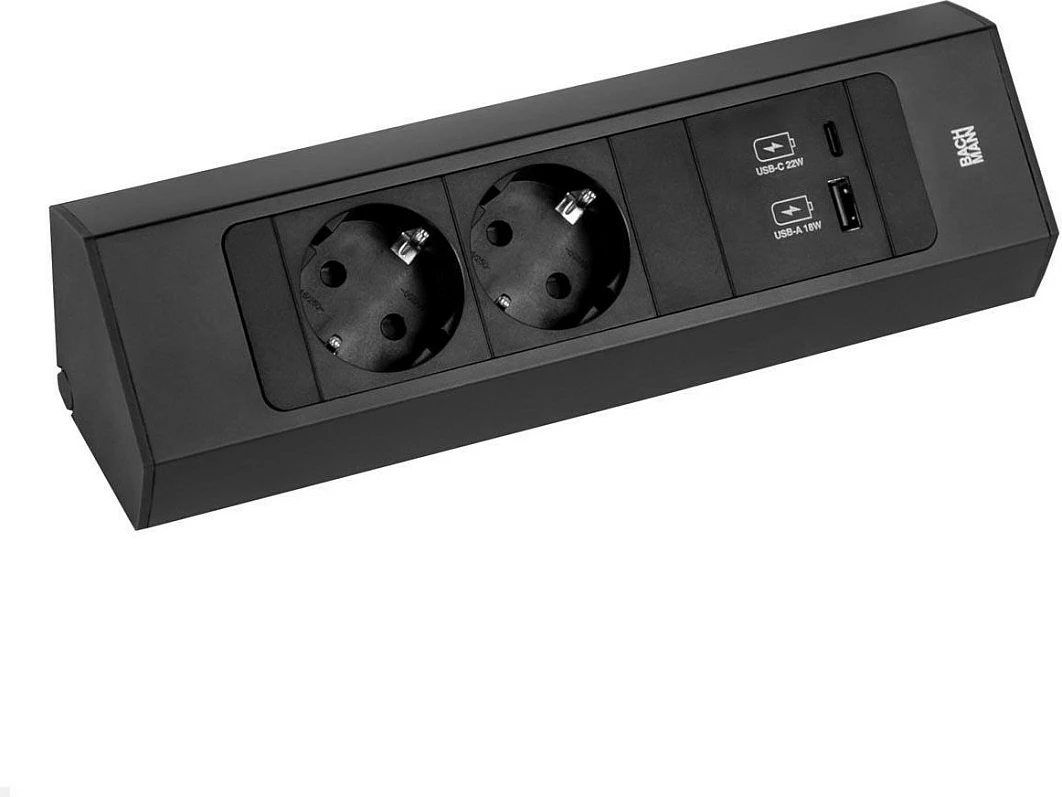 Prizë tavoline Bachmann Casia 2, 2x Schuko + USB-A/USB-C PD 22W, kabllo 2 m, e zezë