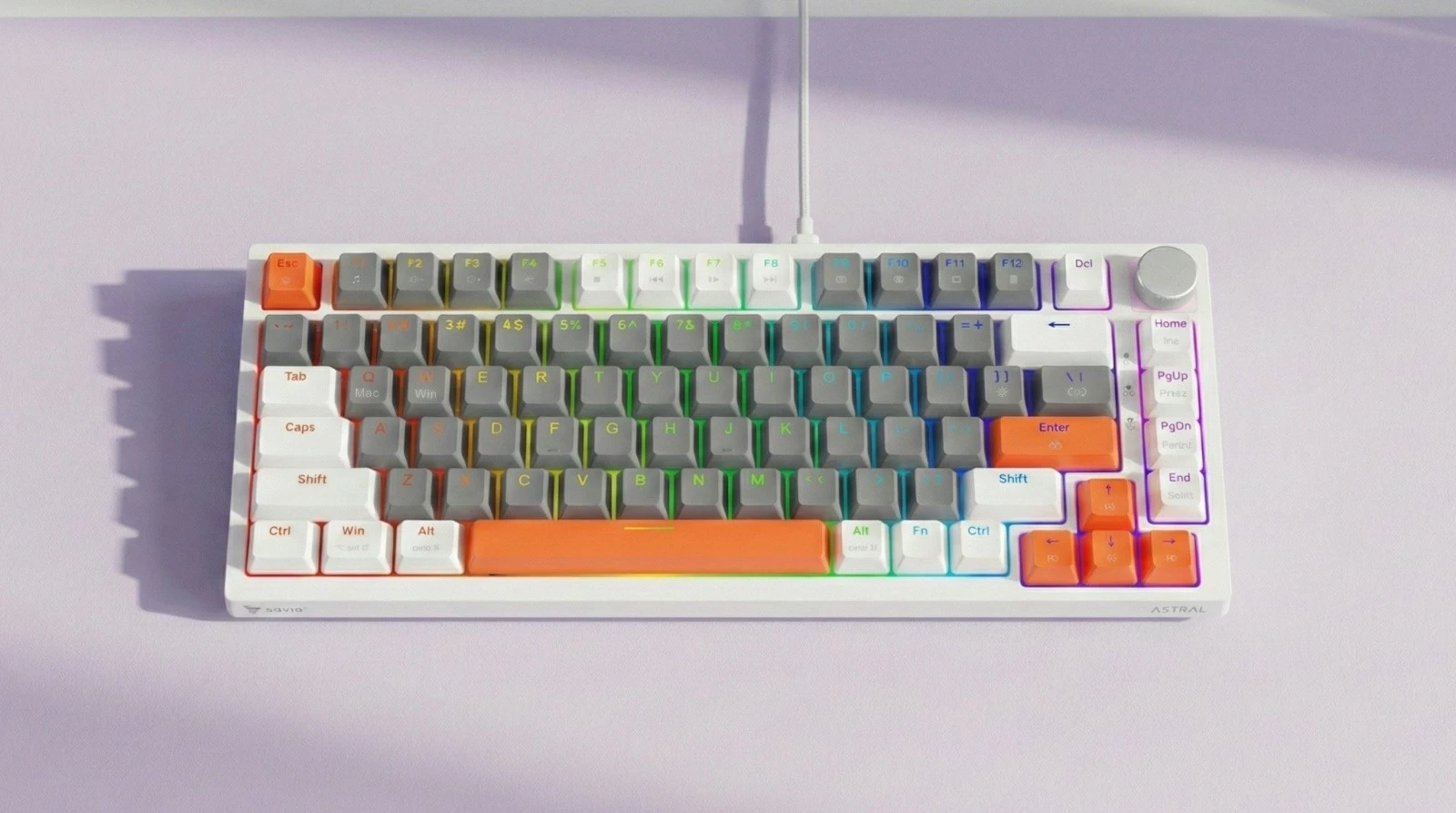Tastierë magnetike Savio ASTRAL White 82-taste US QWERTY Outemu White Jade Hall RGB USB-C knob multimedia PBT keycaps, e bardhë, set 3 ngjyra kapakësh