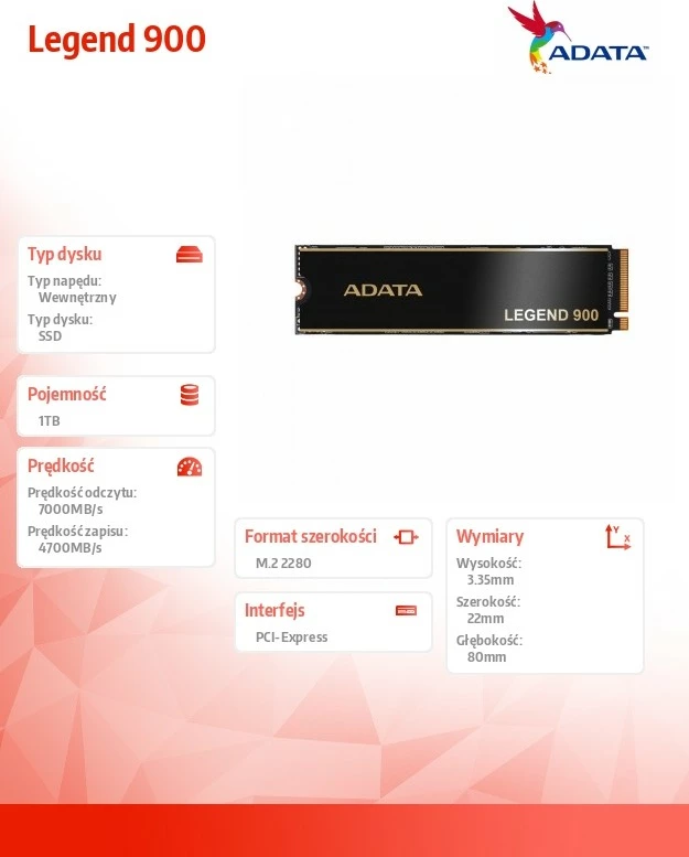 SSD Adata Legend 900, 1TB, M.2 2280, PCIe 4x4, i zi