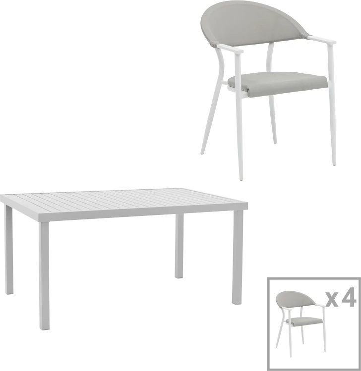 Tavolinë me karrige Kliton-Pino set prej 5 copash alumin në ngjyrë të bardhë 150x80x74cm