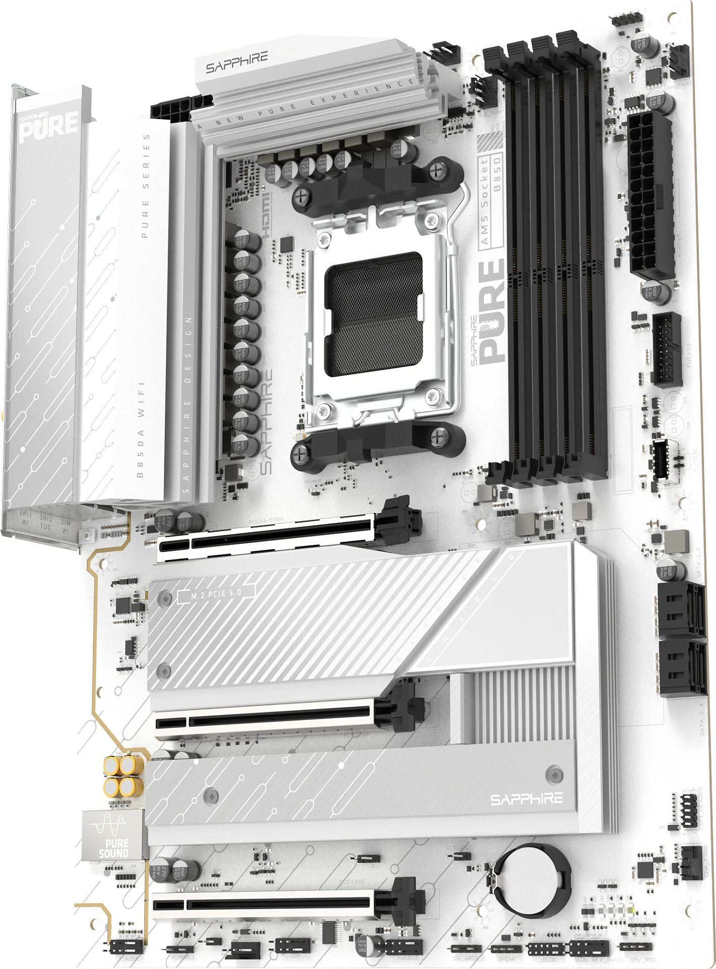 Pllakë amë Sapphire PURE B850A WIFI7, AM5, mATX, 3x M.2, Wi‑Fi 7, e bardhë