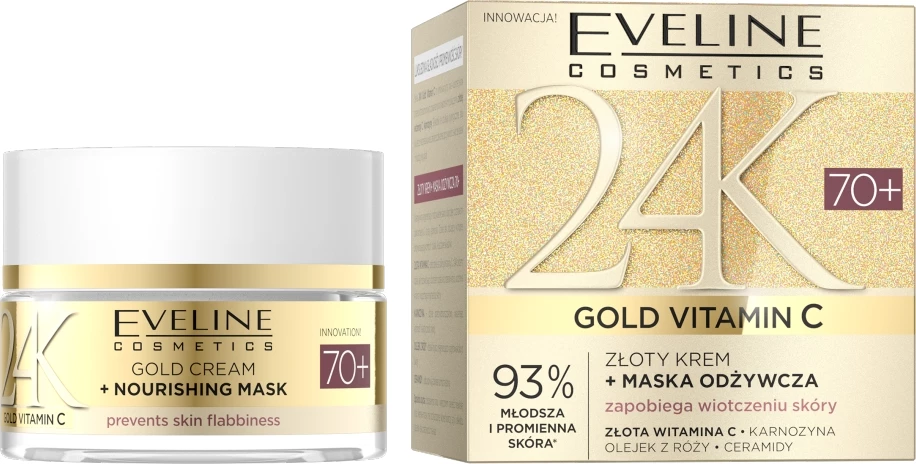 Krem-maskë ushqyese për fytyrë Eveline Cosmetics 24K Gold Vitamin C Gold Cream + Nourishing Mask 70+, për femra, 50ml