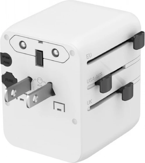 Adapter udhëtimi universal murit, Gembird, TPA-1A2C20-01-W, 20W GaN me 2x USB-C + USB-A dhe prizë AC, me plugje US/UK/EU/AU, i bardhë