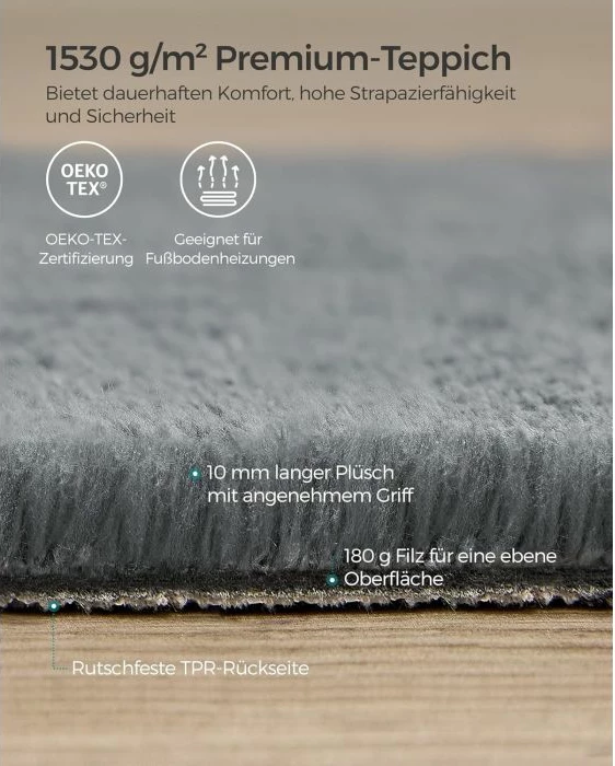 Tepih SONGMICS TAR014G01 200 x 290 cm, shumë i butë, anti-rrëshqitës, i larshëm në makinë, modern, gri pëllumbi