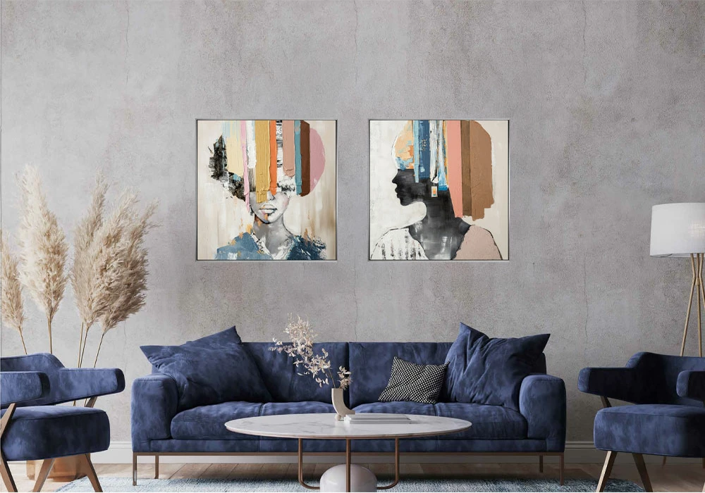 Pikturë dekorative gruaje me ngjyra të ndryshme, kanavacë, dru, argjend, 80x80x5cm