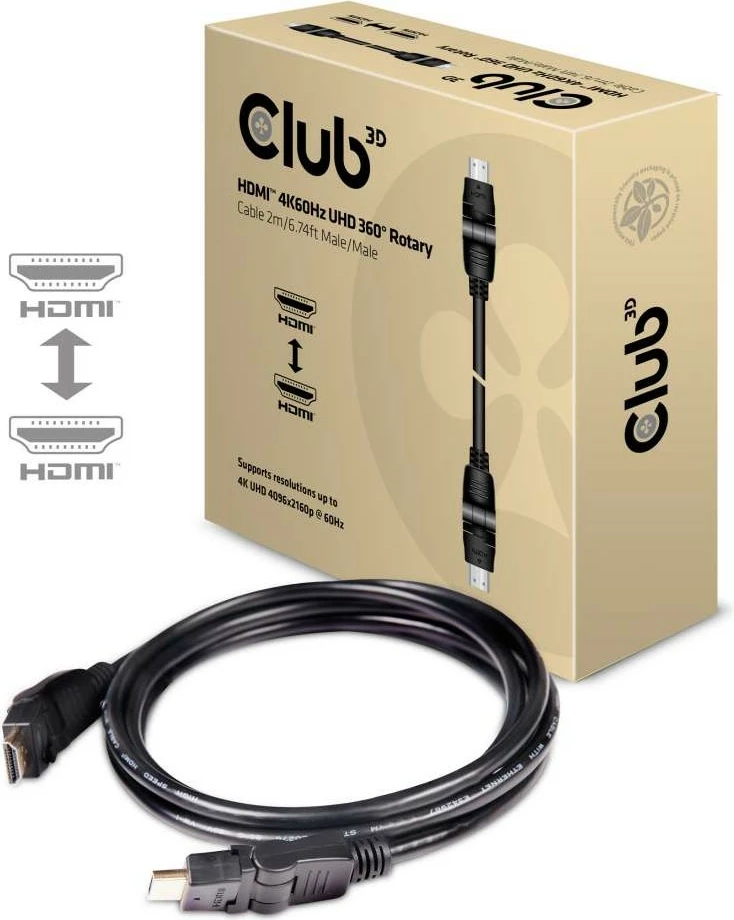 Kabllo HDMI Club3D 2.0, 2m, rrotulluese, e zezë
