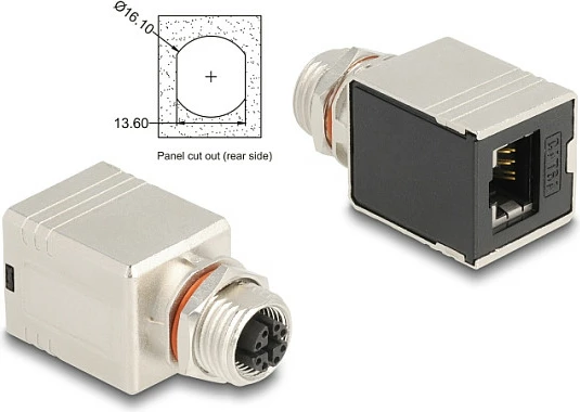 Adapter Ethernet industrial DeLOCK M12 X-coded 8-pin femër në RJ45 femër, Cat6A STP, metalik/zi