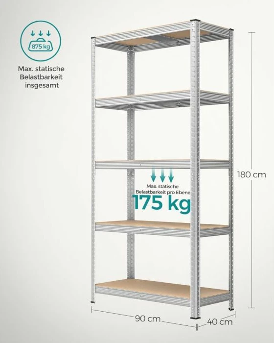 Raft depozitimi metalik SONGMICS GLR40SV 180x90x40 cm, 875 kg, 5 nivele, MDF, i galvanizuar, argjendtë