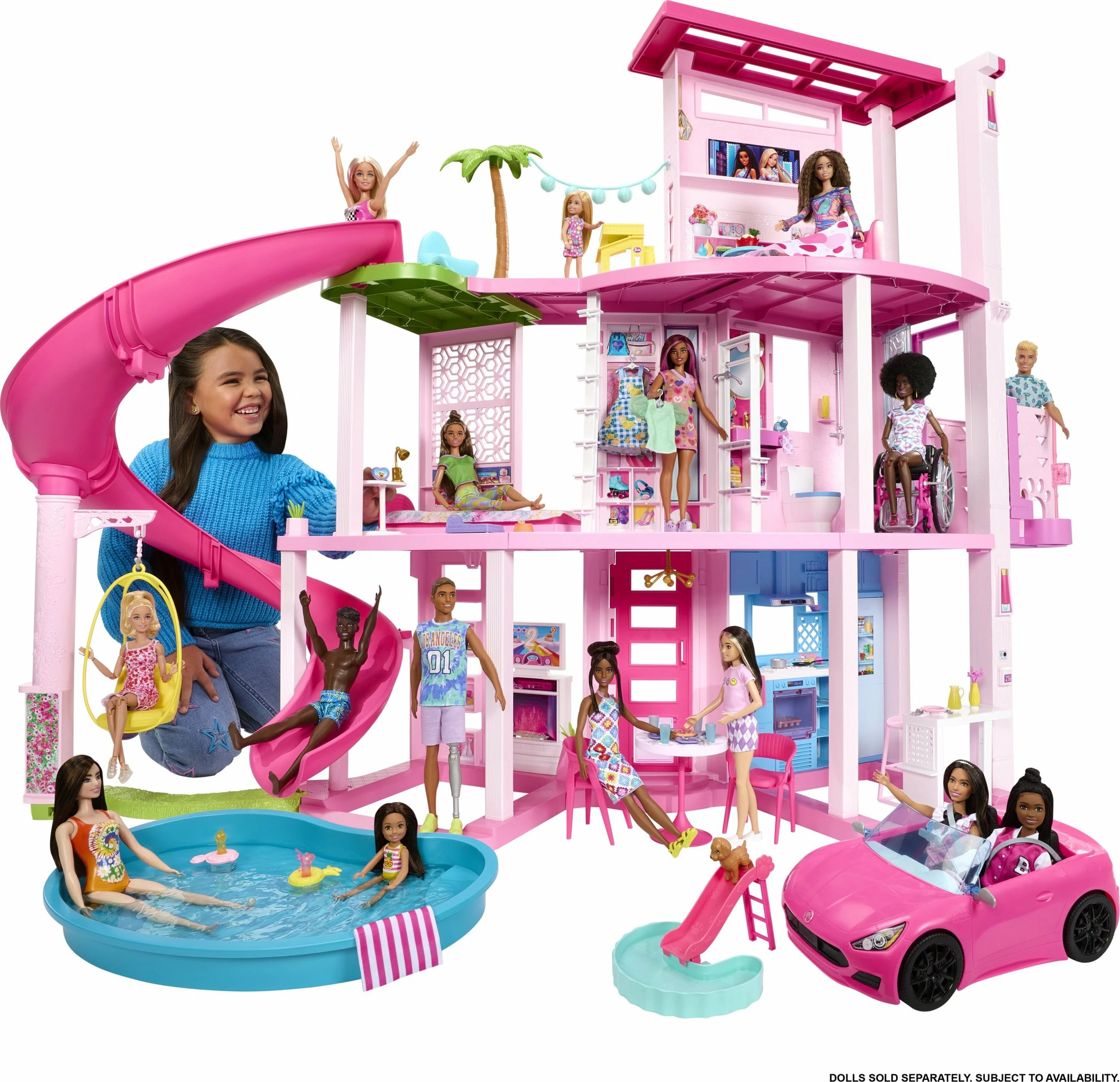 Shtëpi kukullash Mattel Barbie Dreamhouse HMX10, 3 kate, 75 aksesorë, me rrëshqitëse spirale e pishinë, pa kukull
