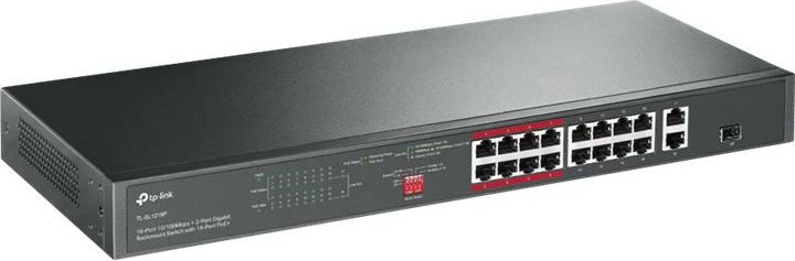 Switch TP-Link TL-SL1218P 16x PoE+ 10/100, 2x Gigabit RJ45, 1x SFP combo, buxhet PoE 150W, rackmount