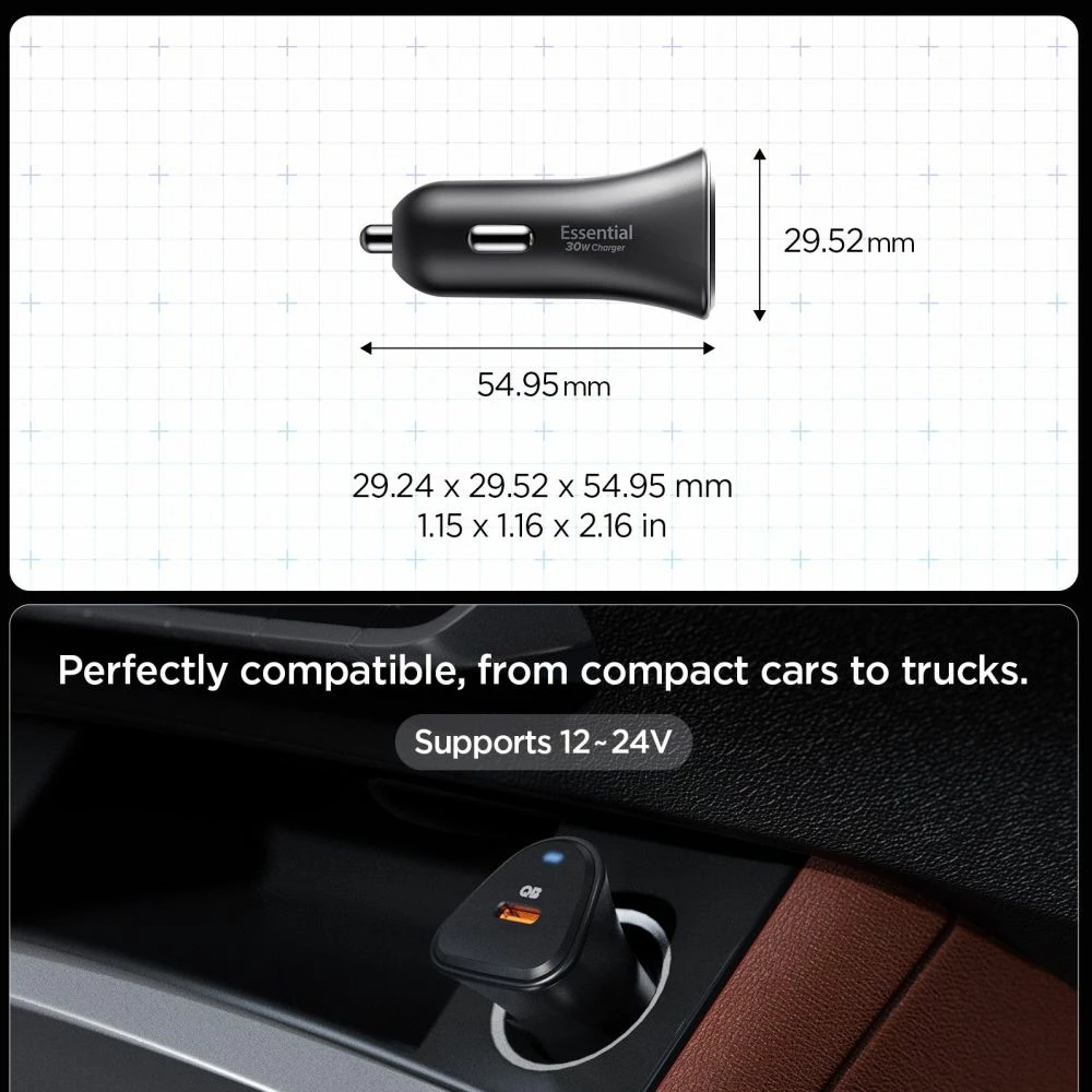 Karikues veture Spigen Essential EV301 30W PD 3.0/PPS, 12-24V, i zi, set 1 copë