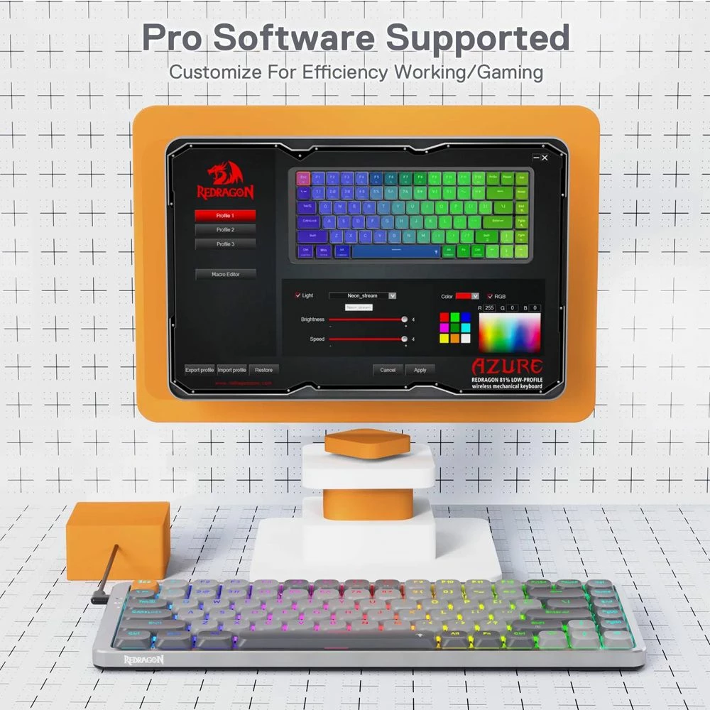 Tastierë mekanike wireless Redragon Azure K652GG RGB Pro K652GG, 75% (84 taste), low-profile, red switch, RGB, tri-mode Bluetooth/2.4GHz/USB, gri e errët