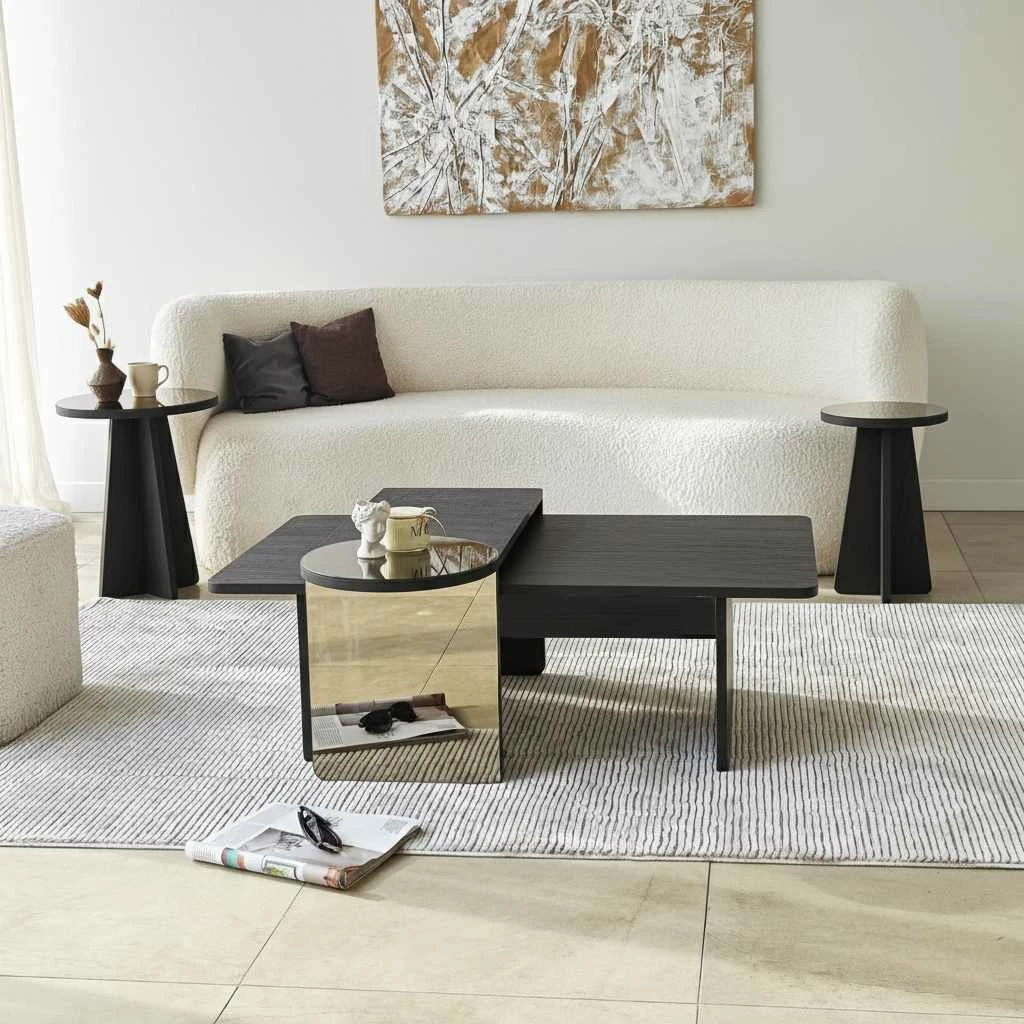Set tavolinash ndihmëse, 4 copë, ngjyrë e zezë dhe bronzi, Skye Decor Luna