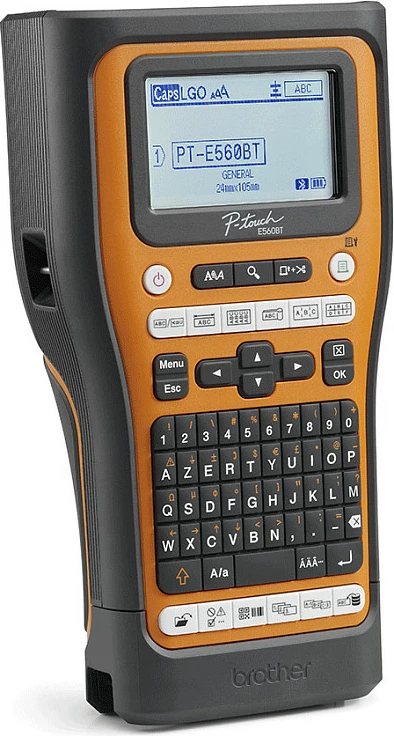 Printer etiketash Brother P-touch PT-E560BT, Bluetooth 5.0, USB, ekran me dritë, prerës automatik, portokalli/zi