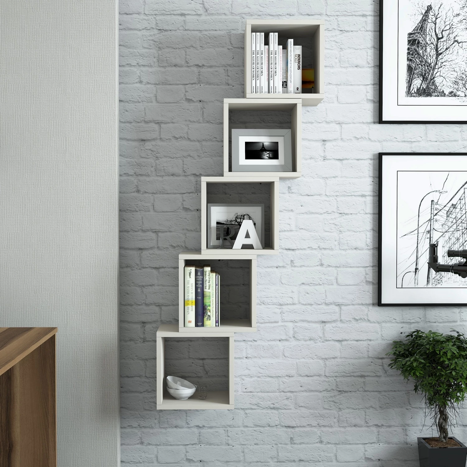 Raft muri, formë kuti, krem, Skye Decor, 5 copë