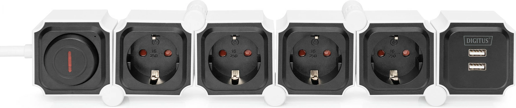 Shirit prizash Digitus 4x Schuko + 2x USB, kabllo 1.6 m, me ndërprerës, bardhë/zi