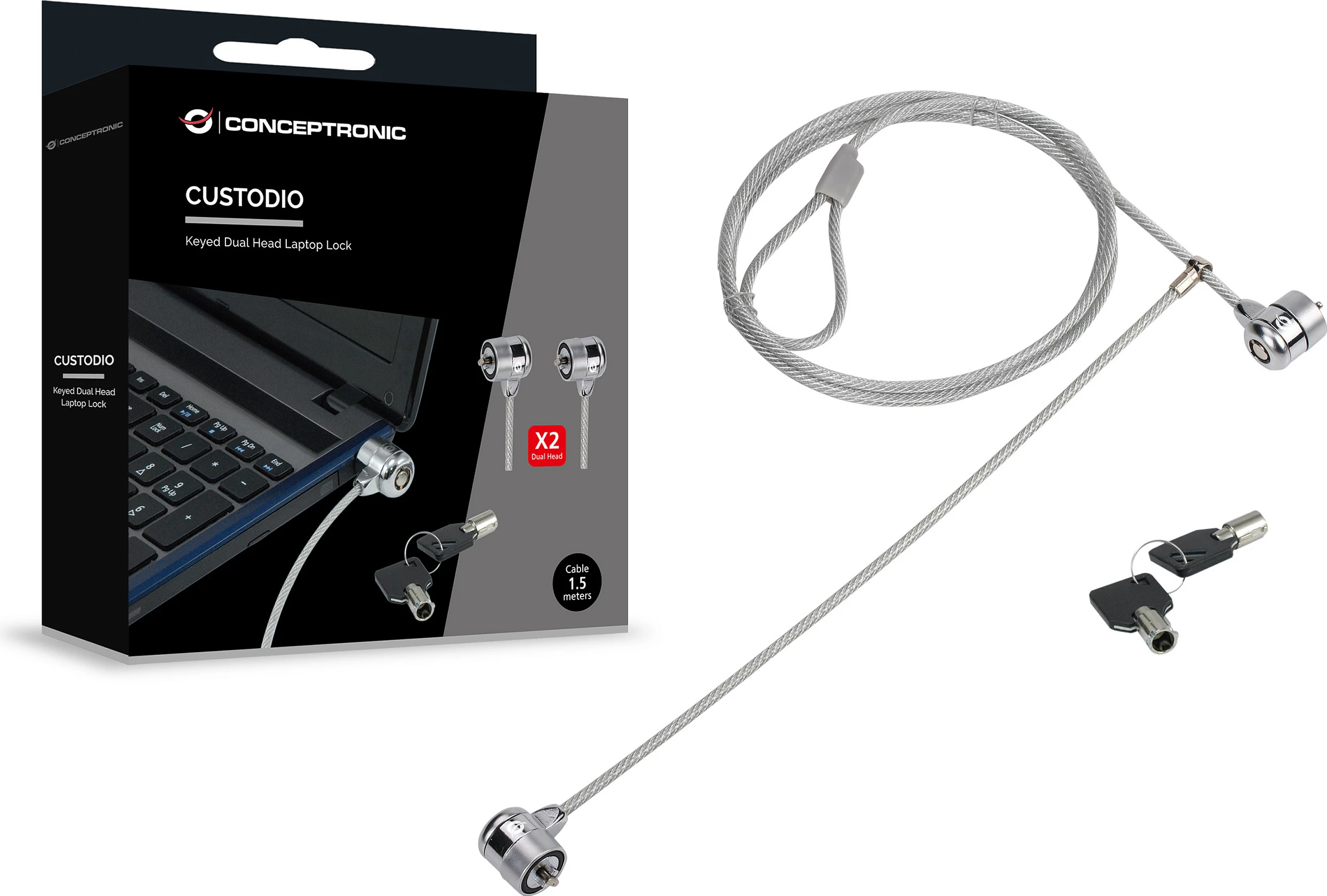 Kyç sigurie me kabllo për laptop Conceptronic Dual Head, 1.5 m, 2 çelësa, argjend