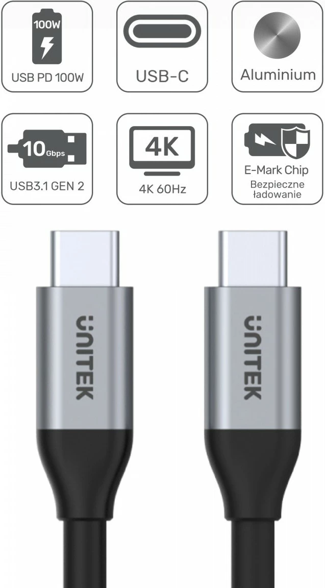 Kabllo USB-C në USB-C Unitek C14082ABK, 1m, 10Gbps, 4K60Hz, e zezë/gri