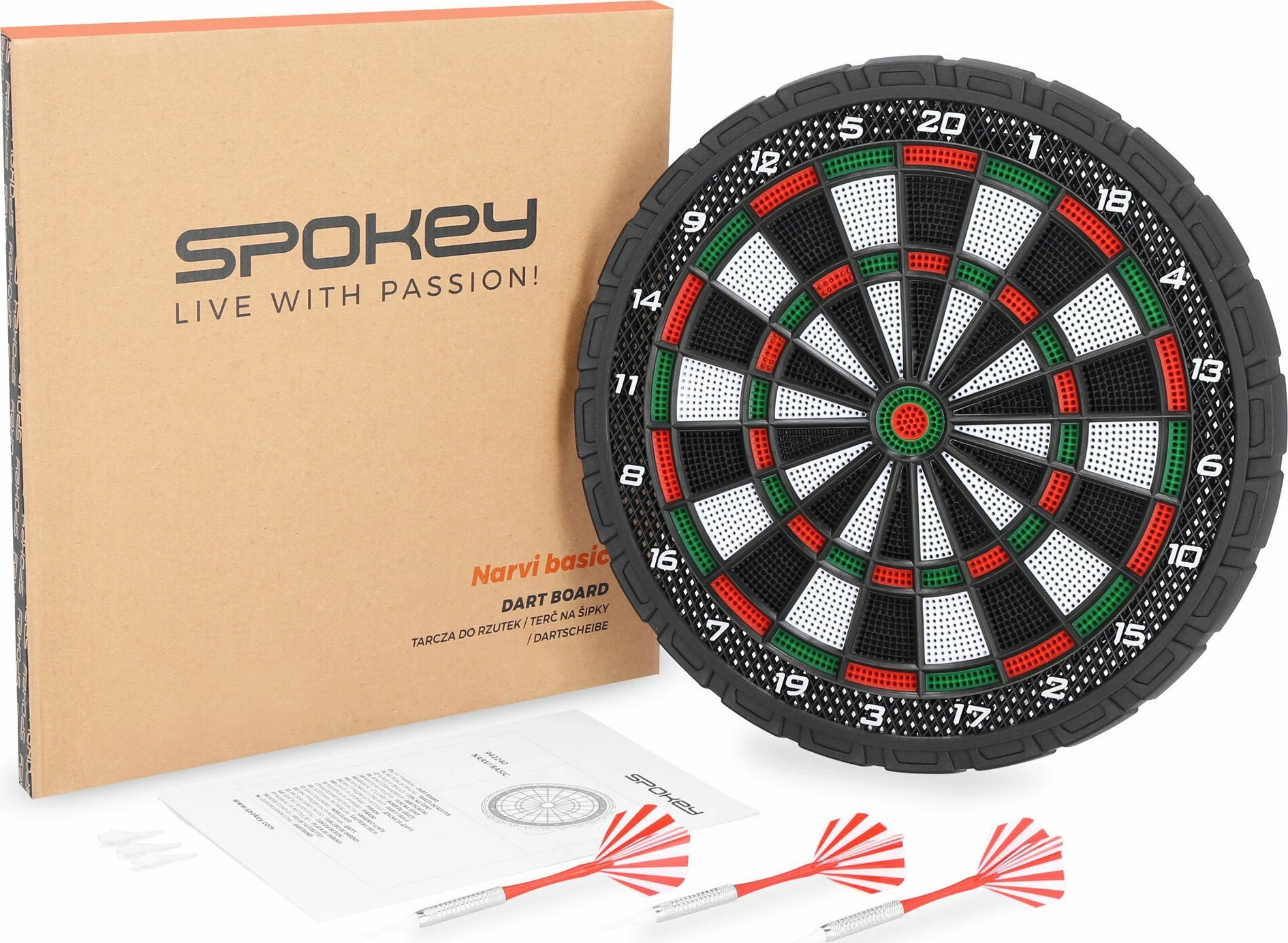 Tabelë darts Spokey Narvi Basic 942240, set me 3 shigjeta me maja plastike