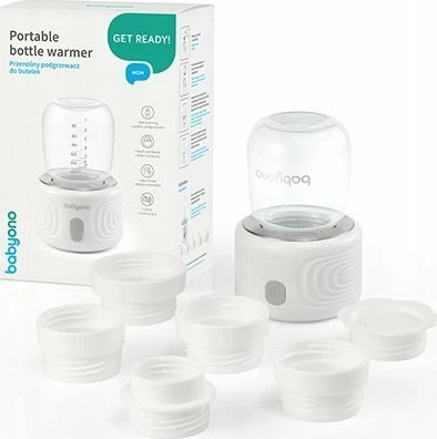 Ngrohës shisheje portativ BabyOno 1645, pa kabllo, bateri 9000 mAh, kontroll digjital temperature, USB-C, set me shishe 180 ml + 5 adaptera, i bardhë