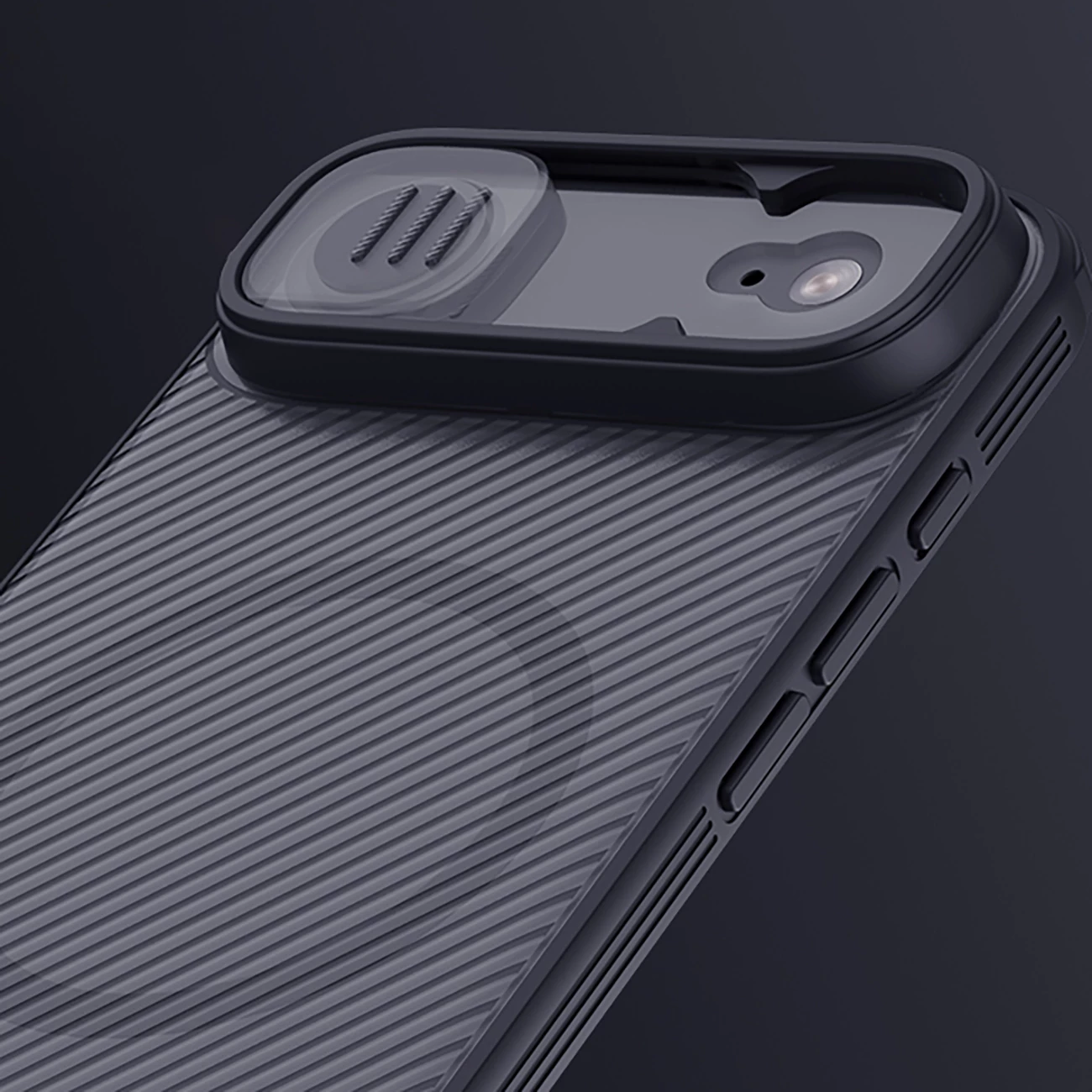 Mbështjellës Nillkin CamShield Pro për iPhone 17 Air, MagSafe, PC+TPU, gjysmë-transparent mat, e zezë transparente