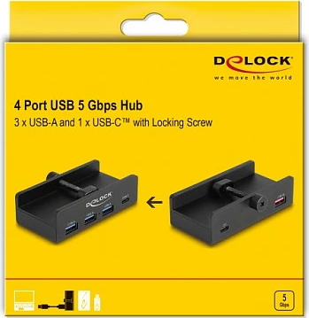 USB hub DeLOCK 64284, 4 porta (3x USB-A + 1x USB-C), 5 Gbit/s, me montim, i zi