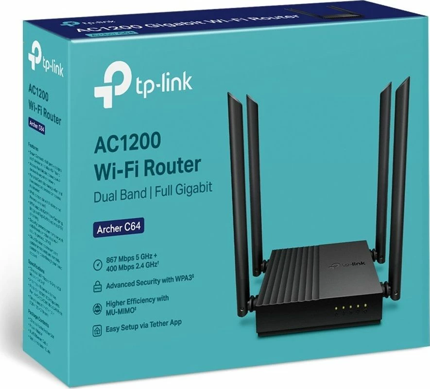 Router TP-Link Archer C64 AC1200 dual-band Wi‑Fi 5 WPA3 4x antena Gigabit, i zi