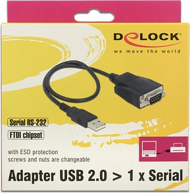 Adapter USB 2.0 në RS-232 DeLOCK 62958, USB-A në DB9, FTDI FT232RL, i zi