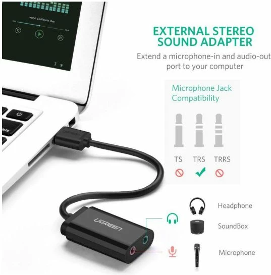 Adapter audio USB 2.0 në 3.5mm UGREEN 30724, dalje kufjesh + hyrje mikrofoni, 15cm, e zezë, me kuti