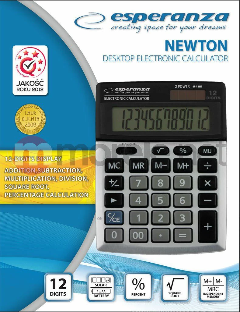 Kalkulator zyre Esperanza ECL102 Newton, 12-shifror, me bateri + solar, argjendtë