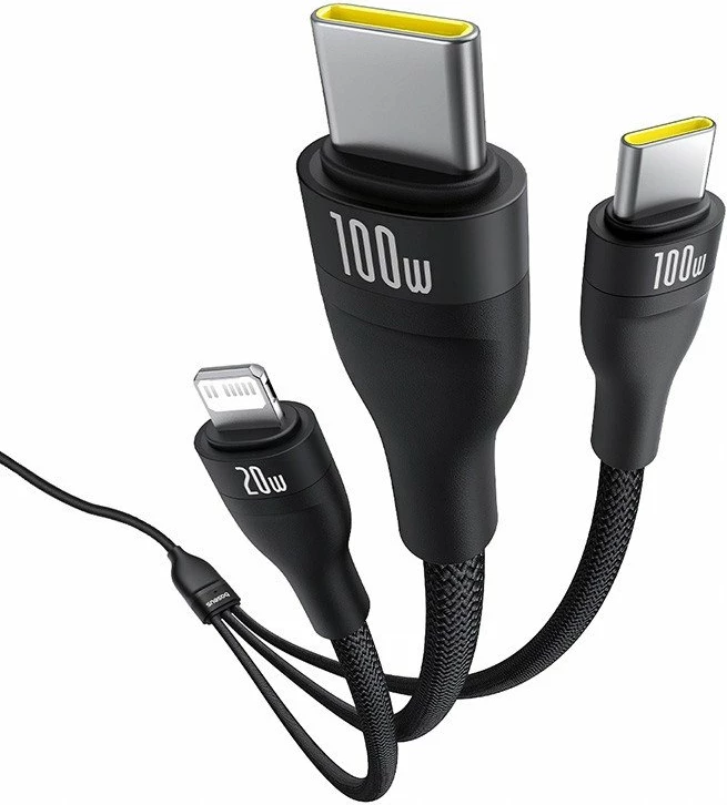 Kabllo USB-C Baseus Flash Series 3 3-në-1 100W 1.5 m (2x USB-C + Lightning), e zezë