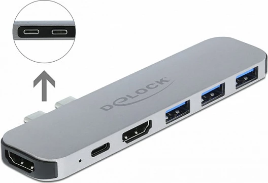 Docking station DeLOCK për MacBook, Dual HDMI 4K, USB-C PD 60W, 3x USB-A, metal, gri