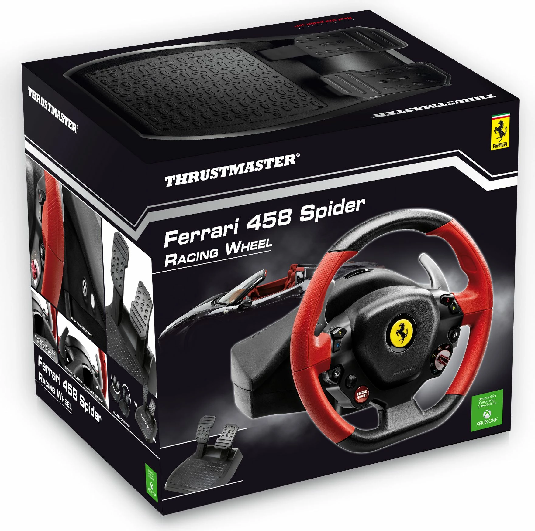 Timoni gaming Thrustmaster F458 Spider 4460105, për Xbox One/Xbox Series X|S, 28 cm, 240°, me pedale, me kabllo 3 m, zi/kuqe, set