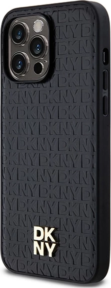 Mbështjellës DKNY Leather Pattern Metal Logo MagSafe për iPhone 13 Pro Max, i zi