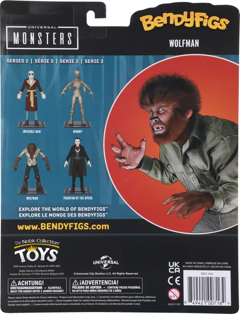 Figurinë Noble Collection Bendyfigs Universal Monsters Wolfman 19 cm me mbajtëse