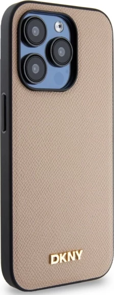 Mbështjellës DKNY Grained Metal Logo MagSafe për iPhone 15 Pro Max, Bezhe