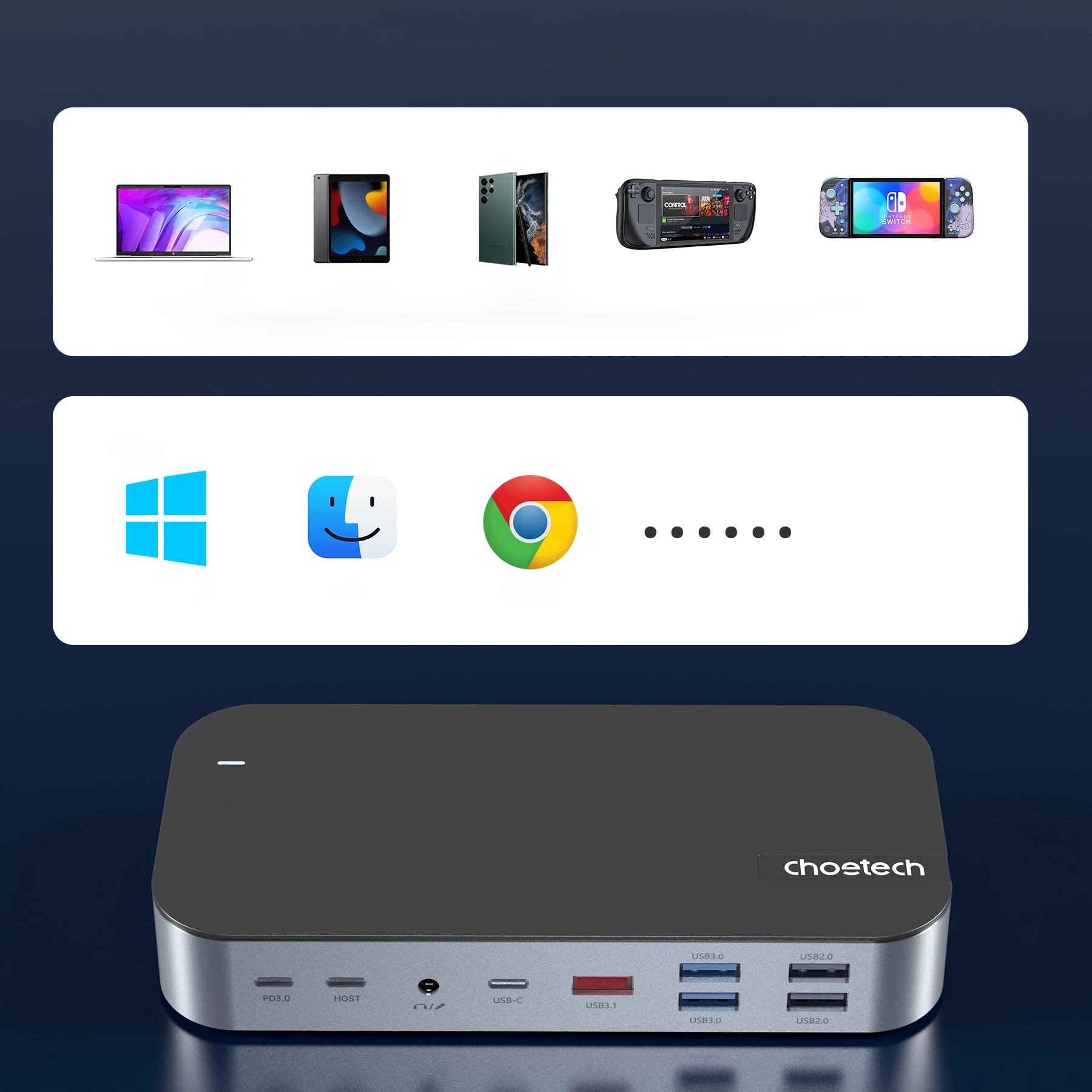Kasë Choetech HUB-M52, USB-C, HDMI, VGA, DP, SD, RJ45, Gri