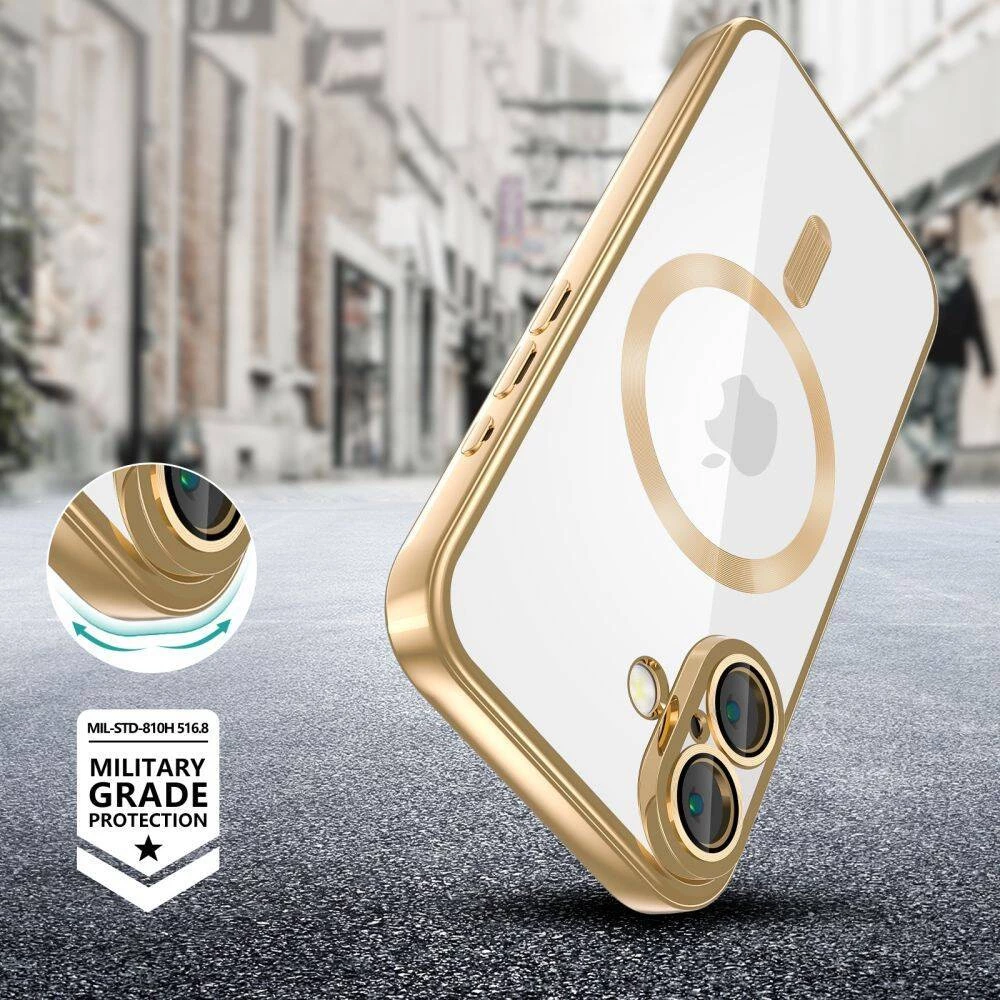 Mbështjellës ONASI Magshiny 23168 për iPhone 16e, MagSafe, transparent me kornizë ari