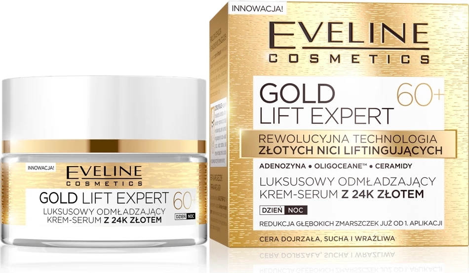 Krem-serum për fytyrë për femra Eveline Cosmetics Gold Lift Expert 60+ me 24k Gold, 50ml