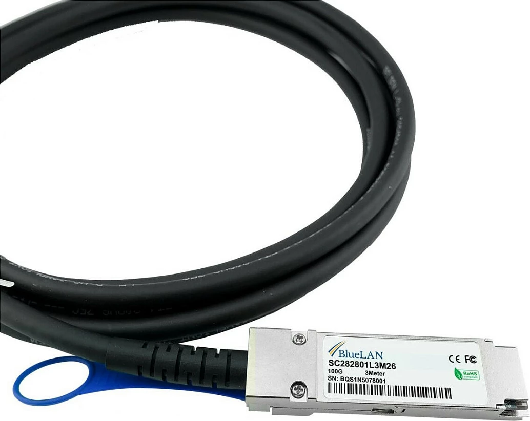 Kabllo DAC BlueOptics QSFP28 100Gb, 3m, 100GBASE-CR4, DAC-10413, e zezë/çelik