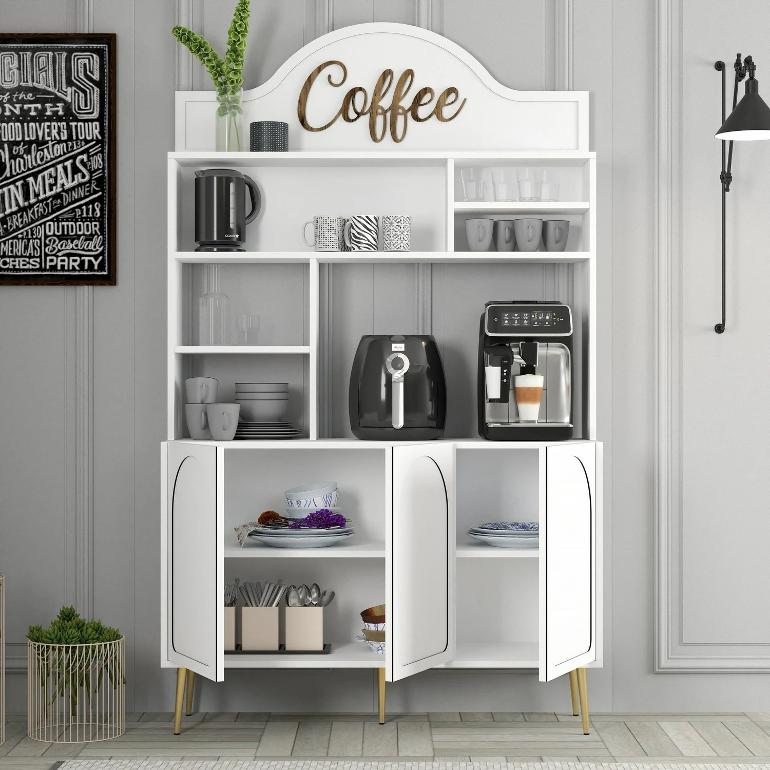 Dollap për kafe, Skye Decor Lyon 120, i bardhë, i artë