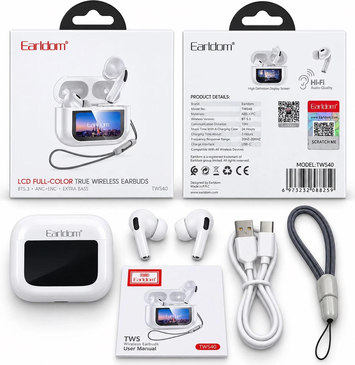 Kufje pa Kabllo Earldom TWS40 me Bluetooth 5.3 dhe Kuti me Ekran me Prekje